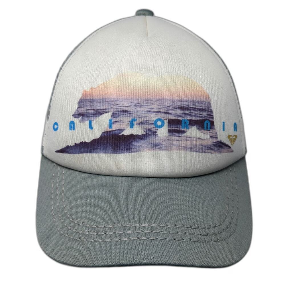 Roxy Trucker Hat Gray One Size California Bear Sunset Ocean Mesh Back Snapback